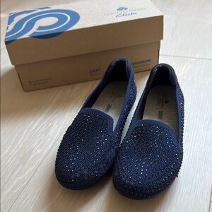 Clarks Navy Blue Carly Dreams Loafers with Rhinestone Detail